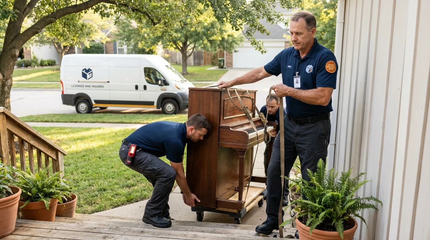 Licensed piano movers securing grand piano in Sherrill, NY