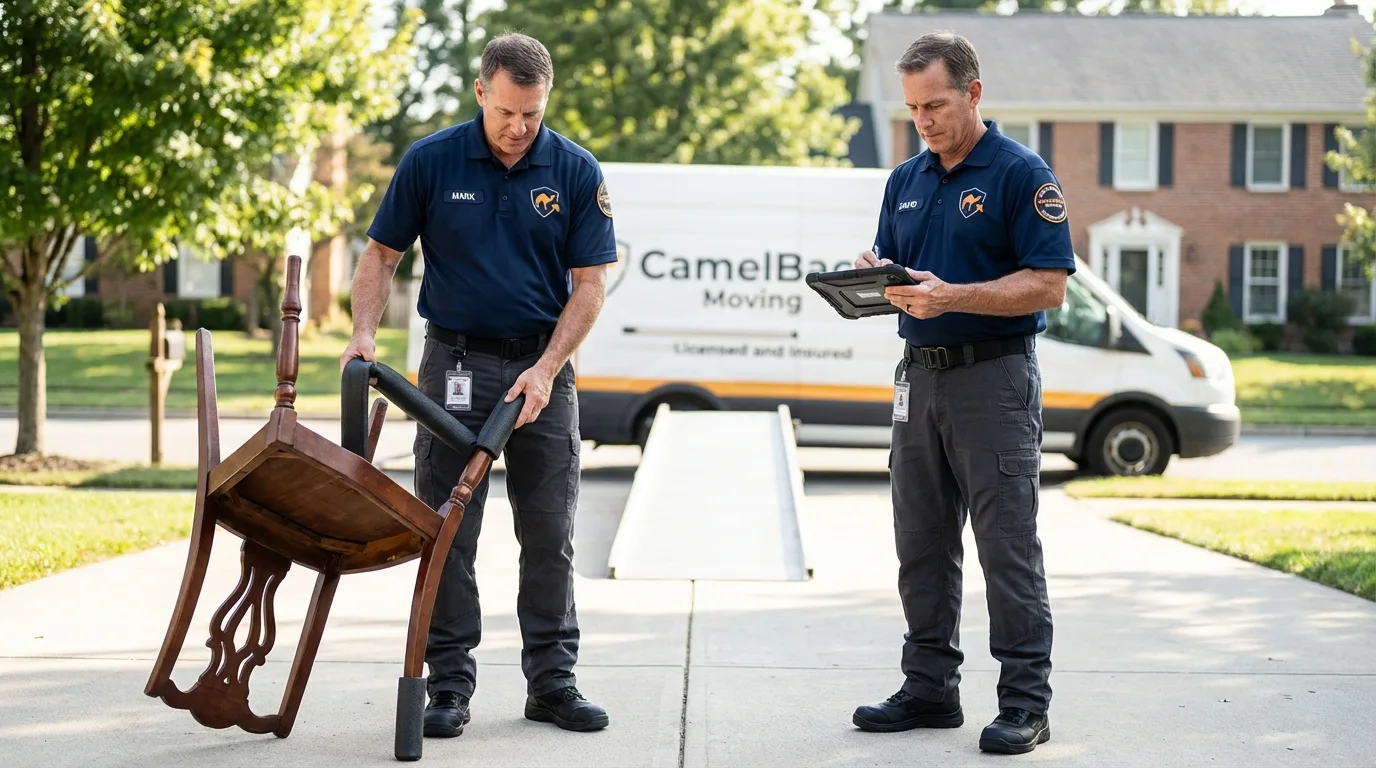 Movers inspecting furniture for damage prevention before loading in Sherrill, NY
